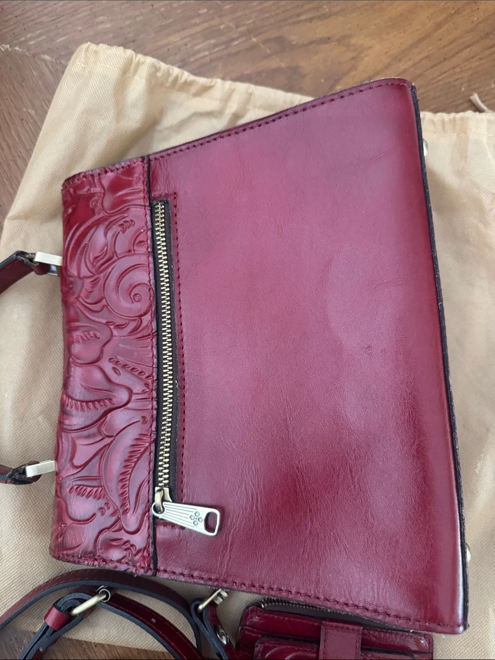 Patricia Nash Chauny Satchel Crossbody Ruby Red Tooled Wallet Dust Bag Set NEW